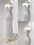 Silver Grey Strapless Sheath Sequin Wedding Dress with Veil, Formal Elegant Evening Gown HZ1024