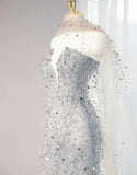 Silver Grey Strapless Sheath Sequin Wedding Dress with Veil, Formal Elegant Evening Gown HZ1024