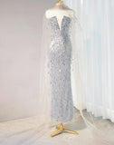 Silver Grey Strapless Sheath Sequin Wedding Dress with Veil, Formal Elegant Evening Gown HZ1024