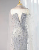 Silver Grey Strapless Sheath Sequin Wedding Dress with Veil, Formal Elegant Evening Gown HZ1024