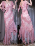 Pink V Neck Sheath Beaded Chiffon Prom Dresses Retro Evening Dress with Veil, Formal Elegant Evening Gown HZ1024