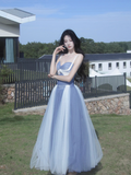 Sweetheart Grey Blue A-Line Tulle Long Prom Dresses Sweet 20 Evening Gowns HZ1024