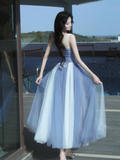 Sweetheart Grey Blue A-Line Tulle Long Prom Dresses Sweet 20 Evening Gowns HZ1024