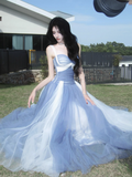 Sweetheart Grey Blue A-Line Tulle Long Prom Dresses Sweet 20 Evening Gowns HZ1024