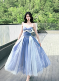 Sweetheart Grey Blue A-Line Tulle Long Prom Dresses Sweet 20 Evening Gowns HZ1024