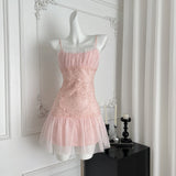 Pink Spaghetti Straps A-Line Tulle Lace Short Birthday Dress Outdoor Party Outfit HZ1024