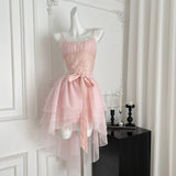Pink Spaghetti Straps A-Line Tulle Lace Short Birthday Dress Outdoor Party Outfit HZ1024