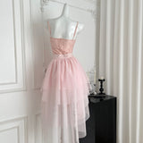 Pink Spaghetti Straps A-Line Tulle Lace Short Birthday Dress Outdoor Party Outfit HZ1024