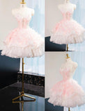 Pink Strapless A-Line Tulle Applique Short Prom Dresses Gorgeous Homecoming Dress HZ1024
