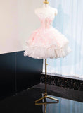 Pink Strapless A-Line Tulle Applique Short Prom Dresses Gorgeous Homecoming Dress HZ1024
