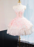 Pink Strapless A-Line Tulle Applique Short Prom Dresses Gorgeous Homecoming Dress HZ1024