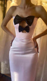 Pink Strapless Bodycon Satin Prom Dresses Formal Evening Gowns with Bow HZ1024