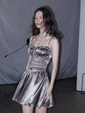 Grey Spaghetti Straps A-Line Satin Short Pool Party Dress HZ1024
