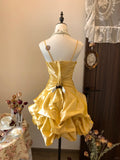 Gold Spaghetti Straps A-Line Satin Short Prom Dresses Elegant Homecoming Dress HZ1024