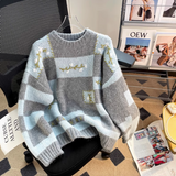 retro color matching embroidered long sleeve sweater HZ1024