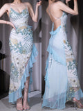 Blue V Neck Sheath Tulle Beaded Long Prom Dresses Retro Backless Evening Dress HZ1024
