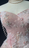 Pink Strapless A-Line Tulle Beaded Short Prom Dresses Sweet Homecoming Dress HZ1024