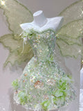 Green Strapless A-Line Tulle Beaded Short Prom Dresses Fairytale Dress for Events HZ1024