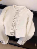 style white raccoon fleece round neck cardigan HZ1024