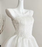 White Spaghetti Straps A-Line Tulle Beaded Short Prom Dresses Sweet 16 Dresses HZ1024