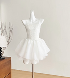 White Spaghetti Straps A-Line Tulle Beaded Short Prom Dresses Sweet 16 Dresses HZ1024