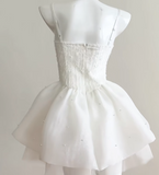 White Spaghetti Straps A-Line Tulle Beaded Short Prom Dresses Sweet 16 Dresses HZ1024