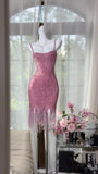 Pink Spaghetti Straps Bodycon Beaded Sequin Short Prom Dresses HZ1024