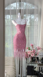Pink Spaghetti Straps Bodycon Beaded Sequin Short Prom Dresses HZ1024