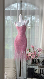 Pink Spaghetti Straps Bodycon Beaded Sequin Short Prom Dresses HZ1024