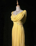 Yellow Spaghetti Straps Sheath Tulle Long Prom Dresses Formal Evening Gowns HZ1024