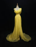 Yellow Spaghetti Straps Sheath Tulle Long Prom Dresses Formal Evening Gowns HZ1024