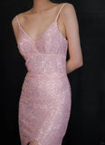 Pink V Neck Sheath Sequin Long Prom Dresses Formal Evening Dress with Slits HZ1024