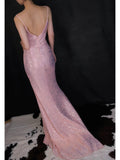 Pink V Neck Sheath Sequin Long Prom Dresses Formal Evening Dress with Slits HZ1024