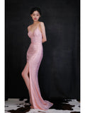Pink V Neck Sheath Sequin Long Prom Dresses Formal Evening Dress with Slits HZ1024
