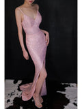 Pink V Neck Sheath Sequin Long Prom Dresses Formal Evening Dress with Slits HZ1024