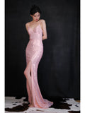 Pink V Neck Sheath Sequin Long Prom Dresses Formal Evening Dress with Slits HZ1024