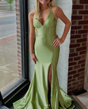 Green V Neck Mermaid Satin Long Prom Dresses Formal Evening Dress with Slits HZ1024
