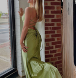 Green V Neck Mermaid Satin Long Prom Dresses Formal Evening Dress with Slits HZ1024
