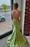 Green V Neck Mermaid Satin Long Prom Dresses Formal Evening Dress with Slits HZ1024