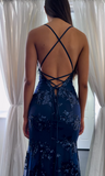Navy Blue V-neck Mermaid Tulle Sequin Long Prom Dresses Elegant Backless Evening Gowns HZ1024