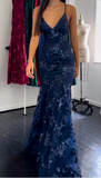 Navy Blue V-neck Mermaid Tulle Sequin Long Prom Dresses Elegant Backless Evening Gowns HZ1024