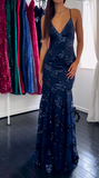 Navy Blue V-neck Mermaid Tulle Sequin Long Prom Dresses Elegant Backless Evening Gowns HZ1024