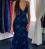 Navy Blue V-neck Mermaid Tulle Sequin Long Prom Dresses Elegant Backless Evening Gowns HZ1024