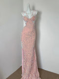 Pink Spaghetti Straps Sheath Sequin Long Prom Dresses Formal Evening Gowns with Slits Wedding Guest Dress HZ1024