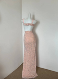 Pink Spaghetti Straps Sheath Sequin Long Prom Dresses Formal Evening Gowns with Slits Wedding Guest Dress HZ1024