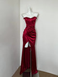 Red Strapless Mermaid Satin Long Prom Dresses Glamour Evening Gowns with Slits HZ1024