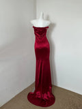 Red Strapless Mermaid Satin Long Prom Dresses Glamour Evening Gowns with Slits HZ1024