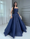Navy Blue Strapless A-Line Tulle Long Prom Dresses Formal Evening Gowns with Appliques HZ1024