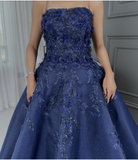 Navy Blue Strapless A-Line Tulle Long Prom Dresses Formal Evening Gowns with Appliques HZ1024