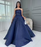 Navy Blue Strapless A-Line Tulle Long Prom Dresses Formal Evening Gowns with Appliques HZ1024